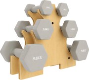 SPORTNOW Conjunto de Halteres 3 Pares 1kg 3kg 5kg com Suporte de Madeira, Pega Antiderrapante, Hexagonal em Ferro Fundido Cinza Claro | Aosom Portugal