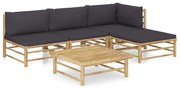 5 pcs conj. lounge jardim em bambu c/ almofadões cinza-escuro