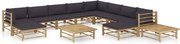 vidaXL 12 pcs conj. lounge jardim em bambu c/ almofadões cinza-escuro