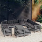 13pcs conjunto lounge de jardim + almofadões pinho maciço cinza