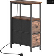 HOMCOM Mesa lateral com estação de carregamento, estrutura de aço, 2 gavetas de tecido, compartimento aberto, 20cm x 40cm x 63cm, Castanho-Rústico | Aosom Portugal