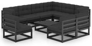 10 pcs conjunto longue jardim c/ almofadões pinho maciço preto