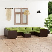 10 pcs conjunto lounge de jardim c/ almofadões vime PE castanho