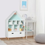 Estante de Madeira Infantil em Forma de Casa Estante para Crianças com 8 Compartimentos Abertos e Gaveta de 2 Cores 82x30x126cm Branco