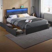 Estrutura de cama de casal 160 x 200 cm com LED e 4 gavetas e estação de carregamento cinzento ardósia-preto mate