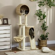 Arranhador  para gatos com arranhador de sisal natural, 2 nichos, plataforma, rede e peluche 60 x 60 x 150 cm, bege