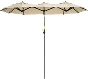 Outsunny Chapéu de Sol Duplo Chapéu de Sol de Jardim com Inclinação de 45° Manivela Estrutura de Aço 295x152x222 cm Cáqui