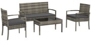 Outsunny Conjunto Móveis de Jardim de 4 Peças em Vime Sintético com 2 Poltronas 1 Sofá de 2 Lugares e 1 Mesa de Centro Cinza | Aosom Portugal