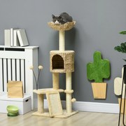 Arranhador  para gatos com 116 cm de altura, com casinha, cesto, plataformas, pompons de pelúcia e jacintos de água - bege