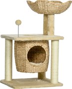 PawHut Árvore para gatos arranhador sisal natural 1 toca cesto pompom pelúcia jacinto-d'água 45 x 40 x 74 cm bege | Aosom Portugal