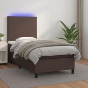 Cama box spring c/ colchão/LED 100x200 cm couro artif. castanho