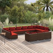 vidaXL 13 pcs conjunto lounge jardim c/ almofadões vime PE castanho
