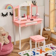 Conjunto de Mesa e Banquinho para Crianças com Conjunto Toucador Infantil de Espelho Tripartido Destacável com Gaveta Rosa