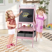 Quadro de brincar de pé de dupla face com quadro magnético e rolo de papel para quadro branco 3 copos e 2 baldes de pano - Rosa