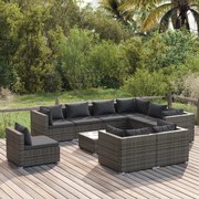 10 pcs conjunto lounge de jardim c/ almofadões vime PE cinzento