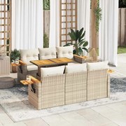 vidaXL 7 pcs conjunto sofás jardim com almofadões vime PE/acácia bege