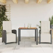 vidaXL 3 pcs conjunto de bistrô com almofadões vime PE preto