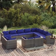 12 pcs conjunto lounge de jardim c/ almofadões vime PE cinzento