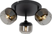 Candeeiro de teto design preto com dourado e vidro fumê 3-luzes redondo - Kyan