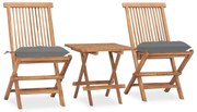 3 pcs conj. jantar dobrável exterior c/ almofadão teca maciça