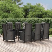 9 pcs conjunto de jantar p/ jardim c/ almofadões vime PE preto