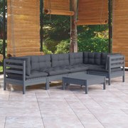 6 pcs conjunto lounge de jardim c/ almofadões pinho cinza