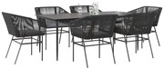 vidaXL Conjunto de jantar jardim 7 peças almofadas vidro vime PE preto