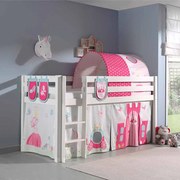 Conjunto Cama alta de Criança PINO 90 x 200 cm + estrado + escada + cortina + 3 bolsas + túnel Princesa Branca