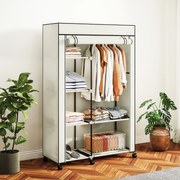 Guarda Roupa de Tecido Dobrável com 6 Prateleiras 1 Barra de Pendurar e Rodas para Quarto 103x43x162,5 cm Creme