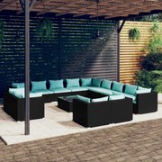 14 pcs conjunto lounge de jardim c/ almofadões vime PE preto