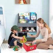 Estante de livros para crianças com prateleiras de 3 níveis e 2 gavetas dobráveis Organizador de brinquedos Cinzento