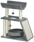 PawHut Arranhador para Gatos Altura 76 cm com 4 Postes de Arranhar Cama Plataforma em U Almofada para Arranhar Cinzento
