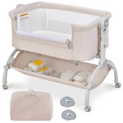 Berço e cama de bebê 3 em 1 com colchão, cama lateral com alcofa, berço bege