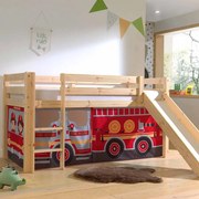 Cama alta de Criança PINO 90 x 200 cm + estrado + escada + escorrega + cortina Bombeiros Natural