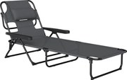 Outsunny Espreguiçadeira Jardim Dobrável Encosto Ajustável Orifício de Leitura Almofada de Apoio 120 kg 145x72x89 cm Cinza Escuro | Aosom Portugal