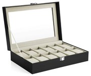 Caixa de relógios com 12 compartimentos e tampa de vidro | SONGMICS | 30 x 20 x 8,5 cm | preto | JWB12BE.