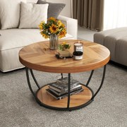 Mesa de centro redonda de 2 níveis com arrumação Mesa de chá de 80 cm com estrutura metálica Mesa de apoio para sala de estar Natural/preto