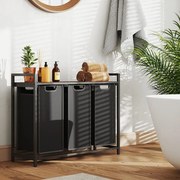 Cesto para roupa suja com 3 compartimentos e prateleira de 114 L, 92,5 x 33 x 72 cm castanho vintage + preto