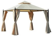 Outsunny Pérgola Jardim 300x300x275 cm Duplo Teto Cortinas Laterais Resistente Intempéries Exterior Festas Eventos Bege | Aosom Portugal
