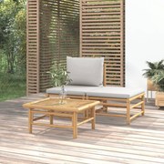 3 pcs conj. lounge de jardim bambu c/ almofadões cinzento-claro