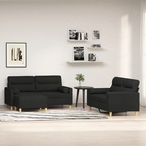 vidaXL 3 pcs conjunto de sofás c/ almofadões tecido preto