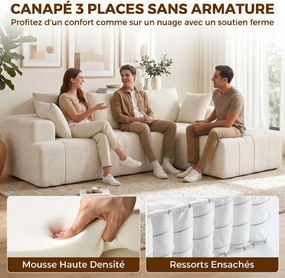 Sofá-Cama de Canto com Chaise Longue, 256 x 158 x 85 cm, Assento com Molas Ensacadas, Bege