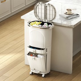 Caixote do lixo de 42 L com 2 caixotes removíveis, gaveta com pedal e rodas para sala, cozinha e casa de banho, bege