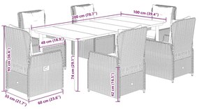 7 pcs conj. jantar p/ jardim c/ almofadões vime PE cinza-claro