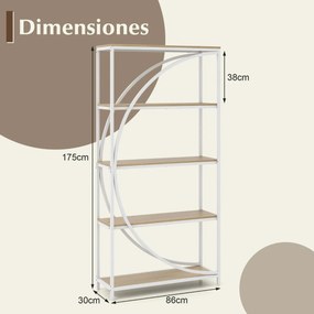 Estante de 5 níveis 86 x 30 x 175 cm com prateleiras de armazenamento abertas branco e Natural