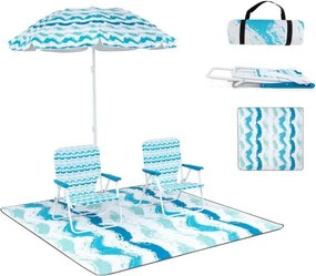 Conjunto de guarda-sol de praia com 2 cadeiras dobráveis e manta de piquenique para exterior com mecanismo de inclinação Azul
