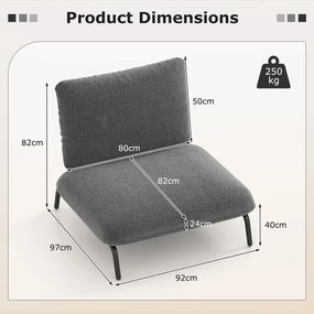 Poltrona d tamanho grande confortável para sala de estar com assento extra largo e profundo Bolso de armazenamento Estrutura metálica cinzenta