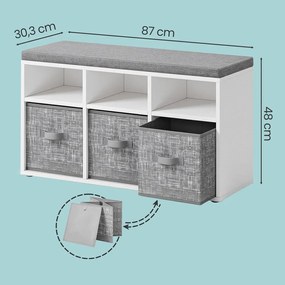 Banco arrumação 87 x 30,3 x 48 cm com 6 compartimentos e 3 caixas, banco para sapatos para a entrada, branco-cinza
