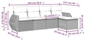 5 pcs conj. sofás jardim c/ almofadões vime PE cinzento-claro