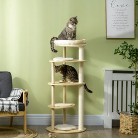 Arranhador  para gatos com arranhador, postes de sisal, almofada removível, plataforma de pelúcia e madeira, altura 123,5 cm, bege